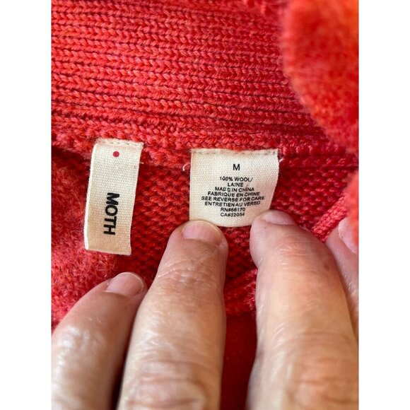 Anthropologie Moth Women's Coral Orange Wool Sweater With Leaf Appliqué Trim Y2K - Picture 3 of 11